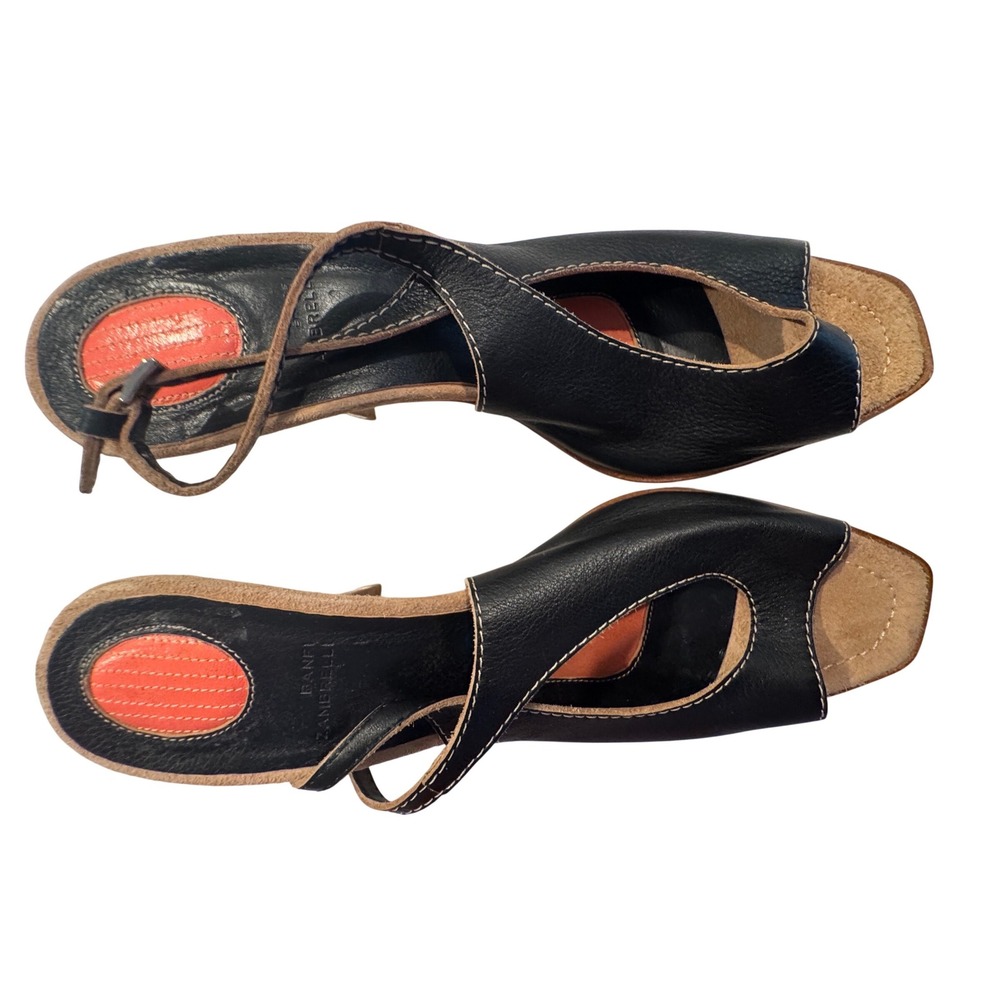 Banfi Zambrelli Black Leather Suede Peep Toe Sandals Heels Made‎ in Italy 9.5 B